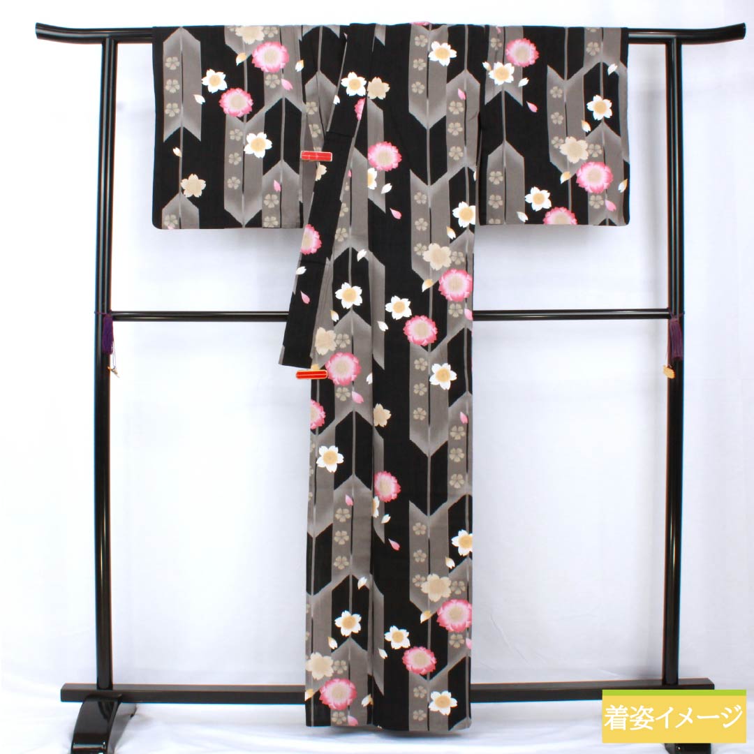 浴衣 木綿 身丈163cm 裄丈68.5cm Sランク 単衣 グレー系 素鼠色（すねずいろ） 桜 1118005502422