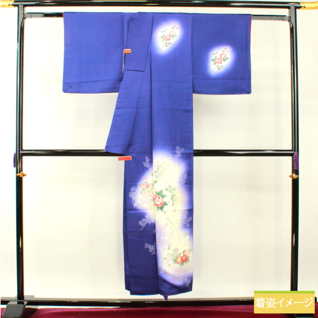 Homongi, pure silk, lined, length 150cm, sleeve length 62.5cm, blue-purple, floral pattern, fan, S rank, navy blue, 1112004202118