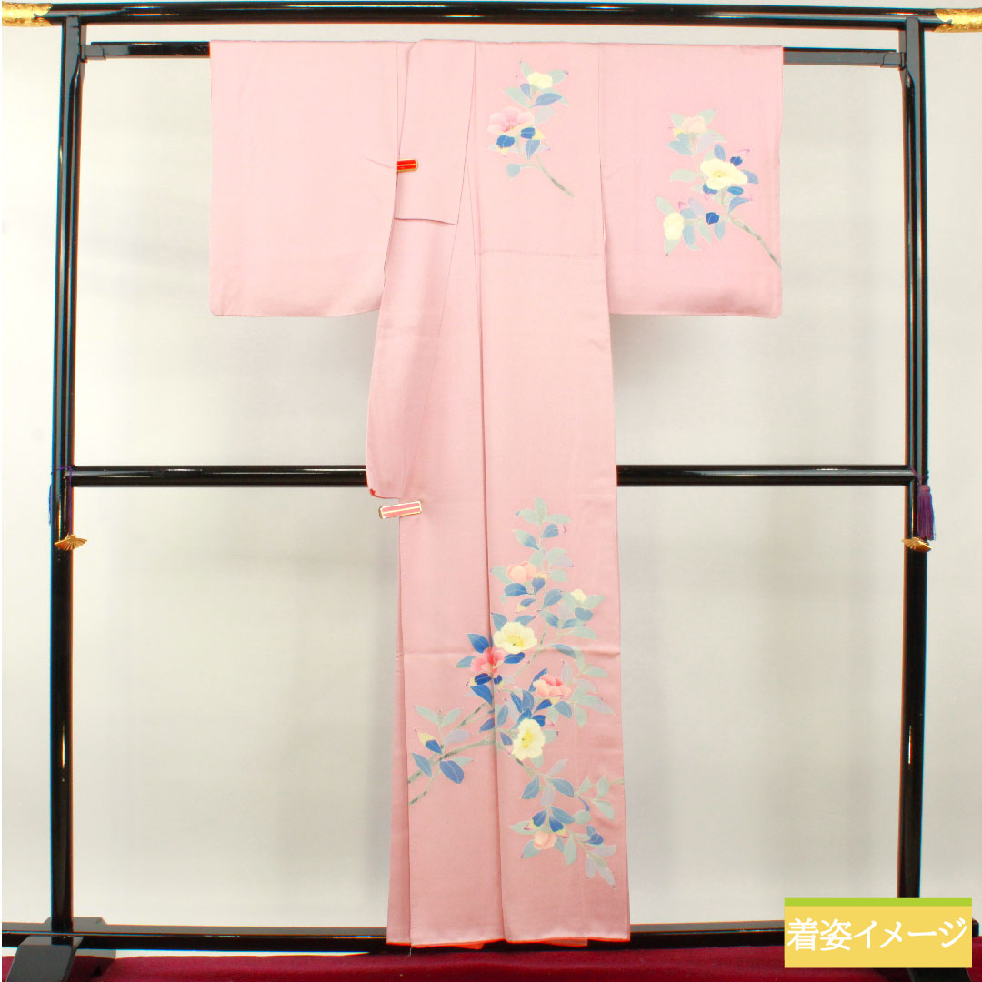 Homongi, pure silk, lined, length 155cm, sleeve length 63.5cm, Gosho-zomeiro, floral pattern, A rank, pink, 1112004223313