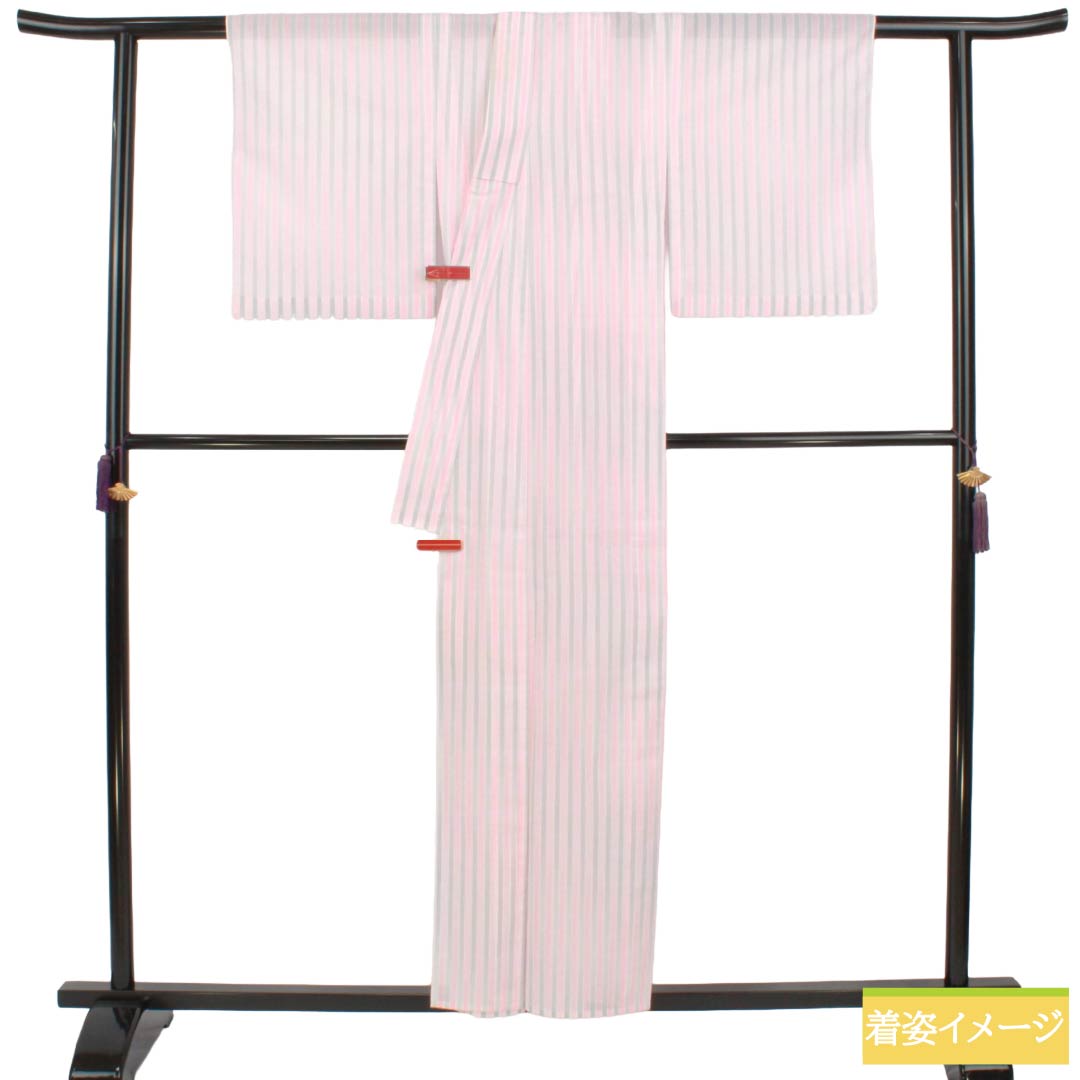 夏物 ポリエステル 小紋 Aランク 身丈156cm 裄丈62.5cm 曙色（あけぼのいろ） 白銅色（はくどういろ） 縞ぼかし 洗える着物 絽 マルチカラー 1132003383328