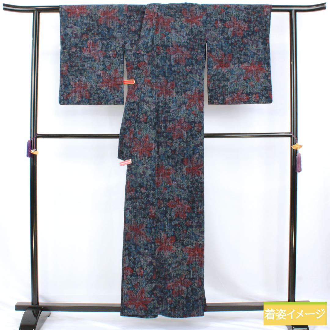 Tsumugi Silk S Rank Length 159.5cm Sleeve Length 66cm Dark Blue Floral Pattern Unlined Navy 1116005152318