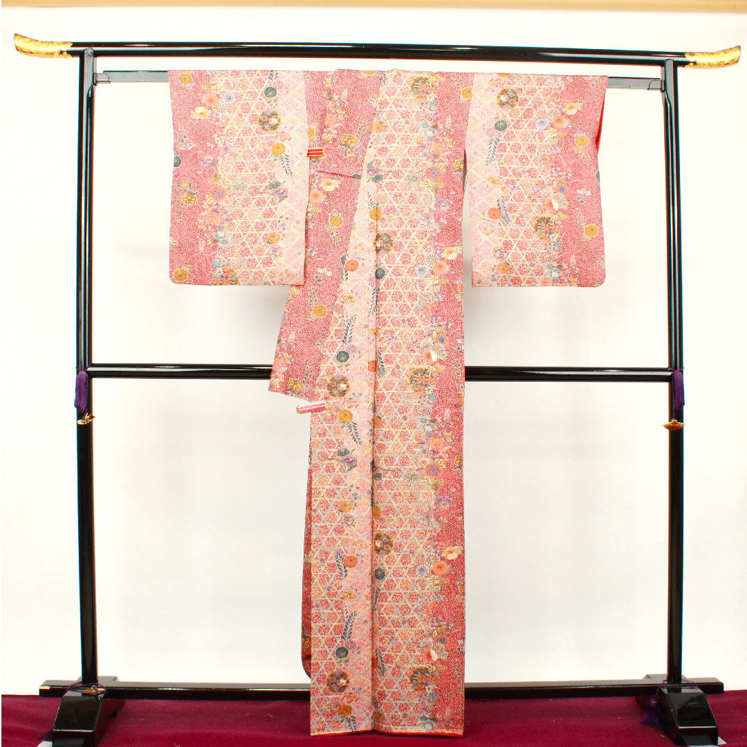 小紋 身丈163.5cm 裄丈64cm 袷  小豆色 草花模様  正絹 Aランク 赤系 1115003293412