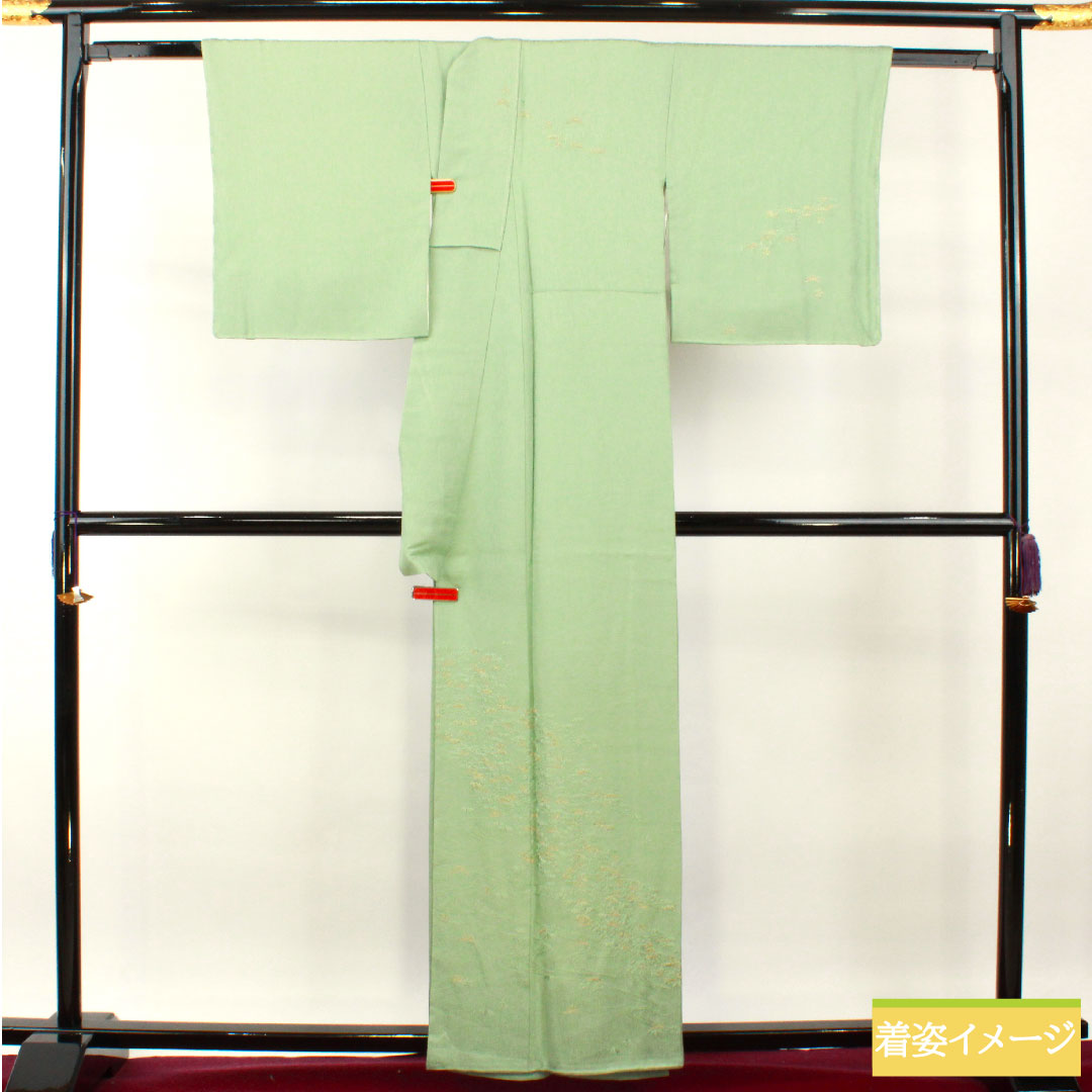 訪問着 正絹 袷 身丈159.5cm 裄丈66cm 裏葉色（うらはいろ） 蘇州刺繡 松 流水 しつけ糸付き 未使用品 Sランク 緑系 1112004172319