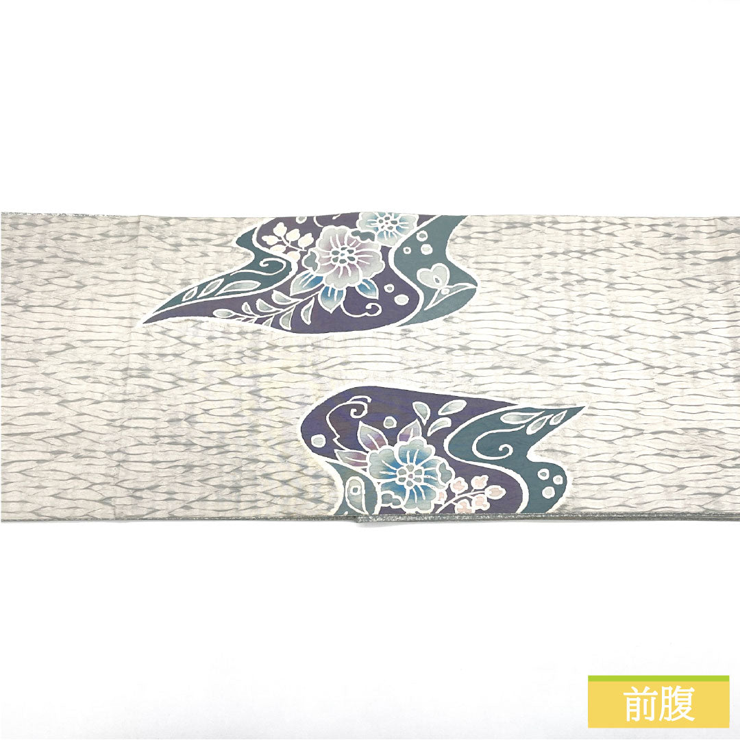 Fukuro Obi (Sleeve) - Pure Silk, S-Rank, Unohana-iro (Unohana Color), Dyed Obi with Tornado-Shibori Pattern and Abstract Floral Design, Length 446cm, Pointed Pattern, Casual, Gray, Item Number: 1123016632322