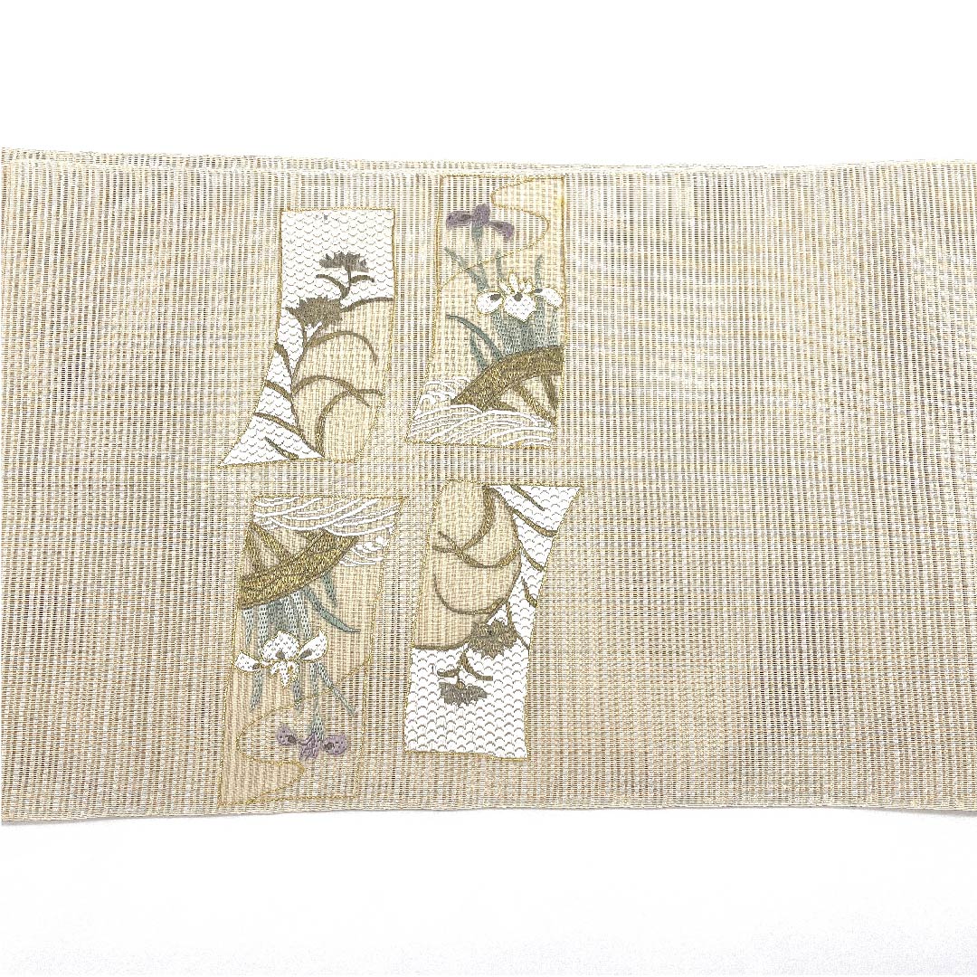 Nagoya obi, natural color, summer obi, silk, iris, cosmos, flowing water, obi length 366cm, pure silk, S rank, point pattern, formal, cream color, 1124004472315, open style