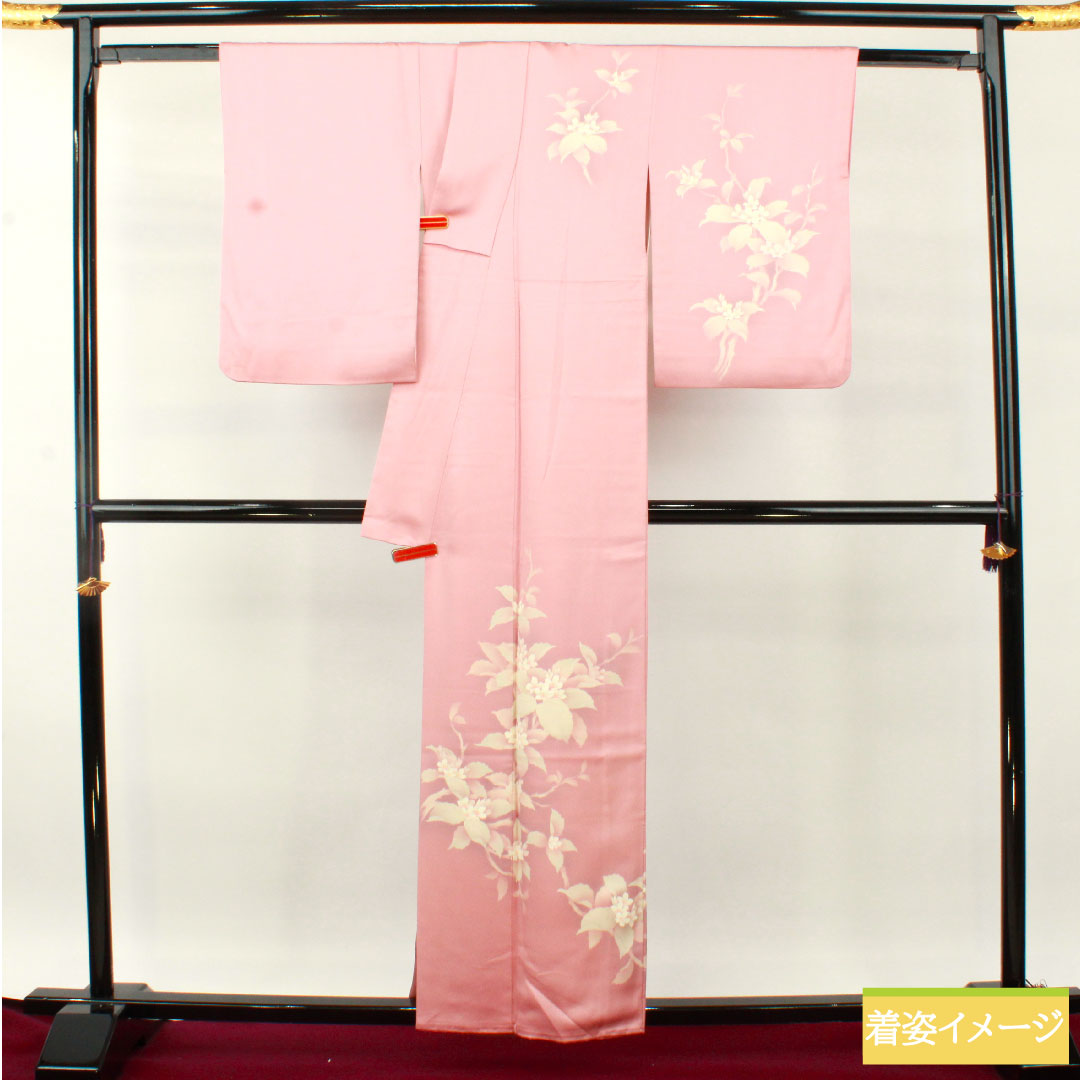 訪問着 正絹 袷 身丈158.5cm 裄丈62.5cm 一斤染色（いっこんぞめいろ） 京友禅 草花模様 一つ紋 丸に沢瀉 Aランク ピンク系 1112004763313