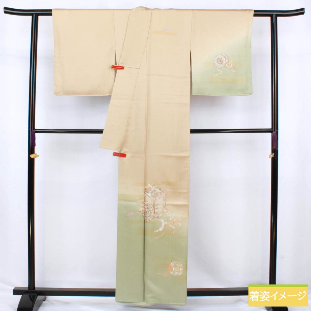 Visiting Kimono (Homongi) - Pure Silk, Grade A, Lined, Length 159cm, Sleeve Length 63.5cm, Walnut Color, Suzhou Embroidery, Tsukesage, Imperial Carriage Design, Beige, Product Number: 1112006663325