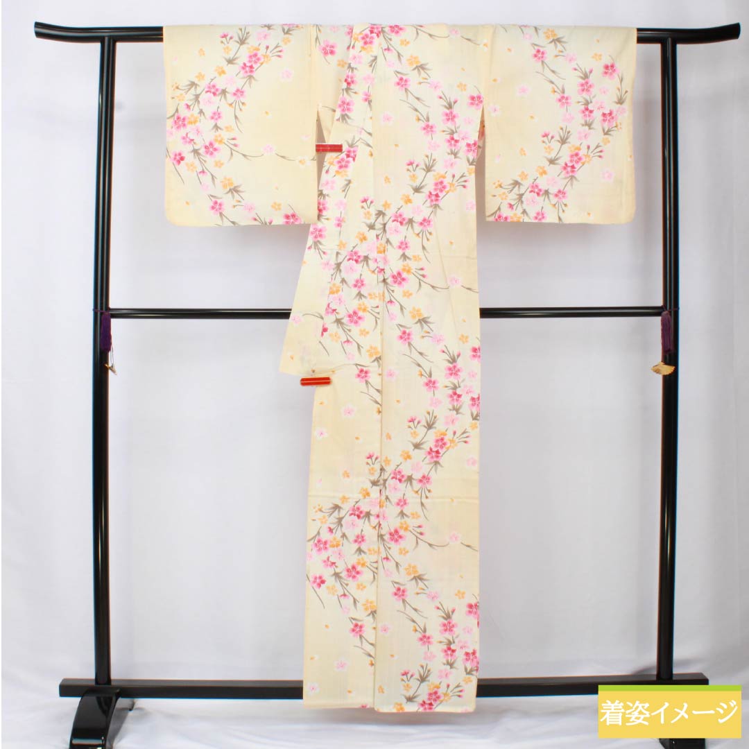 浴衣 木綿 身丈160cm 裄丈66.5cm Aランク 単衣 クリーム系 東京白茶色（とうきょうしらちゃいろ） 桜 1118006033415