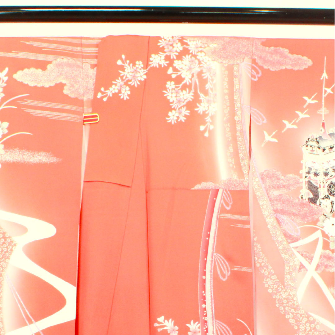 Long-sleeved kimono, length 166cm, sleeve length 63cm, lined, medium red, spear, floral pattern, pure silk, A rank, vermilion, 1113001463516