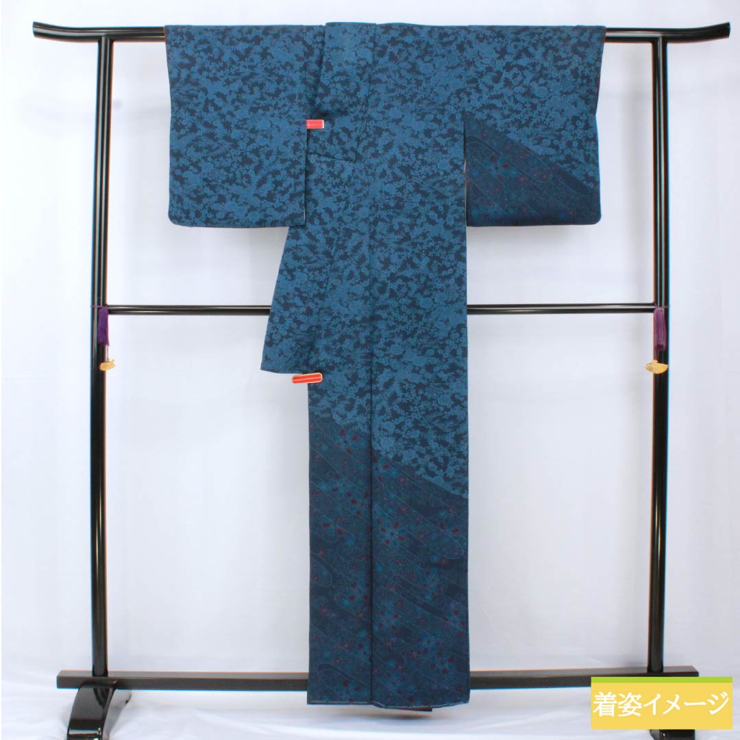 訪問着 正絹 身丈159cm 裄丈62cm 袷 濃紺色（のうこんいろ） 型染 総花 Aランク 紺系 1115005403318
