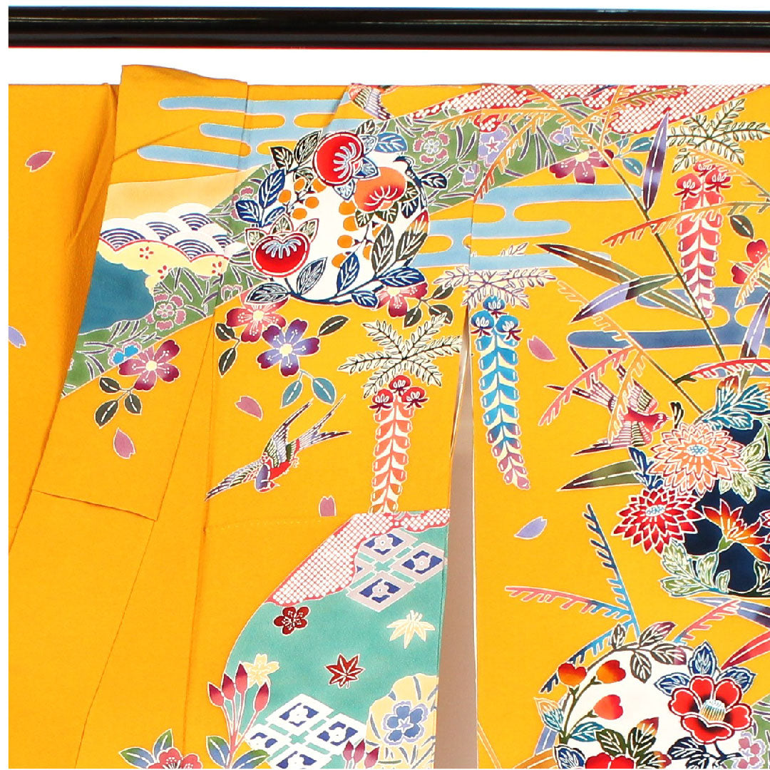 振袖 身丈157cm 裄丈65cm 袷  作家物 京紅型 櫨染色  正絹 Sランク 黄系 1113000032323