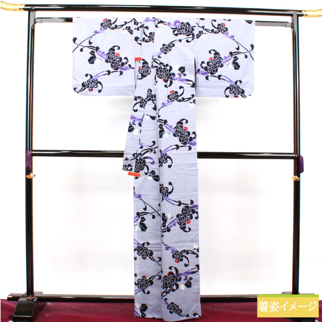 浴衣 木綿 身丈164cm 裄丈65.5cm Aランク 単衣 グレー系 白菫色（しろすみれいろ） 菊 1118004873422