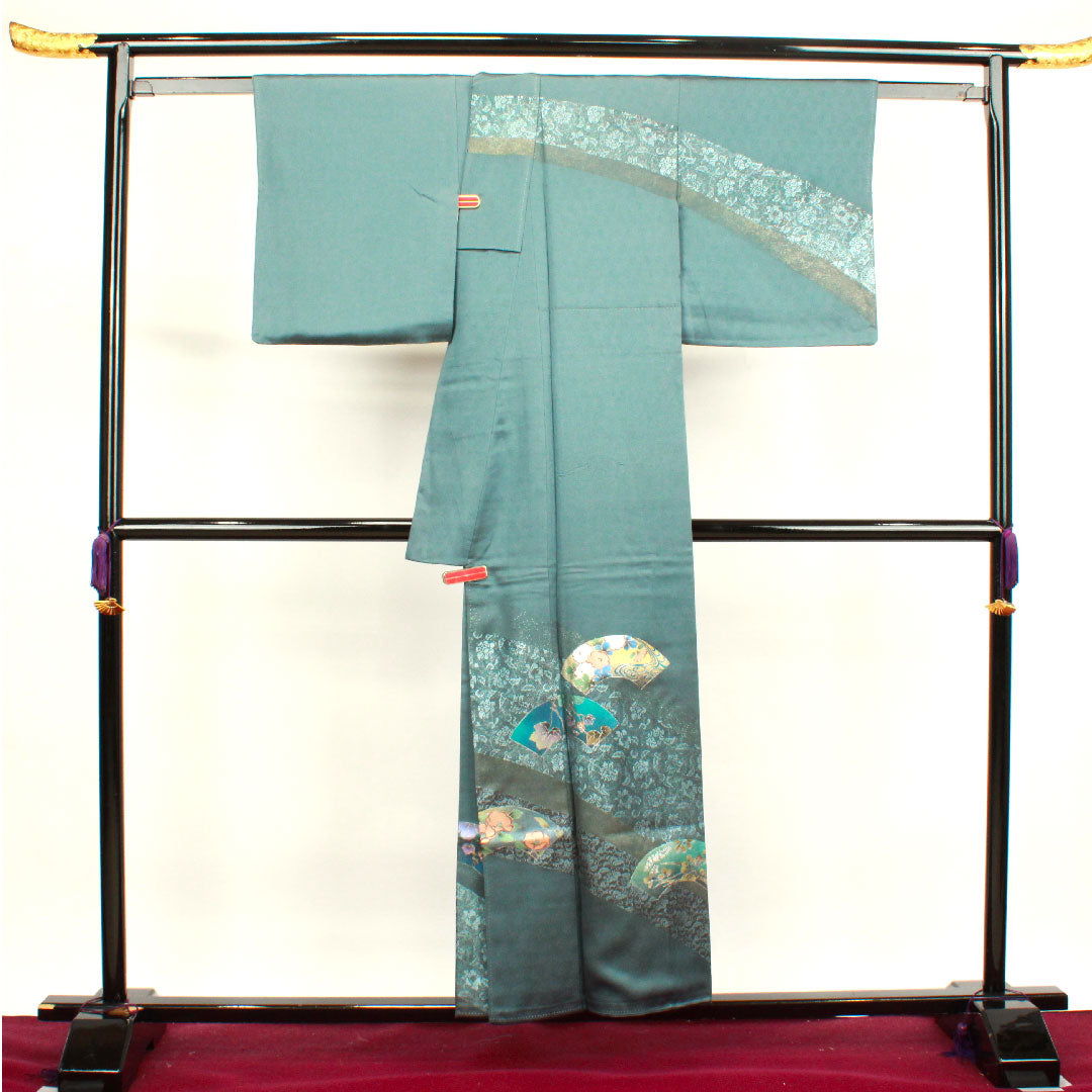 訪問着 袷 身丈154.5cm 裄丈66cm 錆納戸色 金彩加工 扇面 吉祥文様 正絹 Sランク 青系 1112002682217