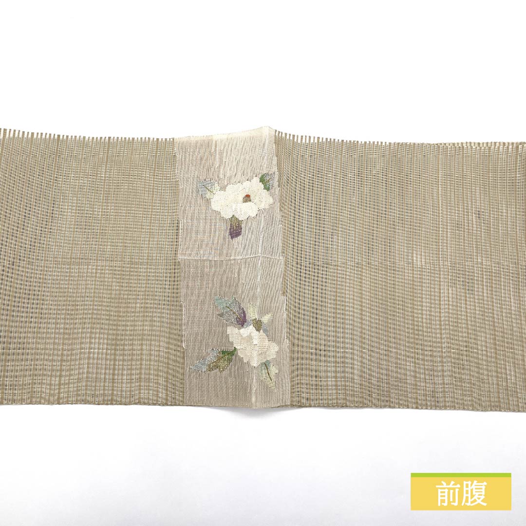 Nagoya Obi, pure silk, flaxen, summer obi with a scoop weave and summer camellia pattern, length 362cm, S rank, accent pattern, semi-formal, beige, 1124008702325, pine needle stitching
