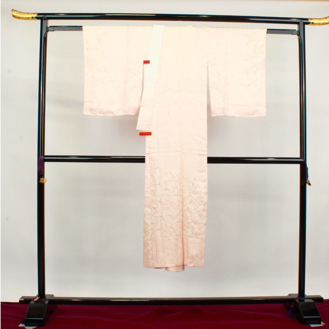 Long undergarment, pure silk, length 135cm, sleeve length 68cm, lined, formal, crane, partially dyed, patterned feathers, S rank, pink, 1129000532413