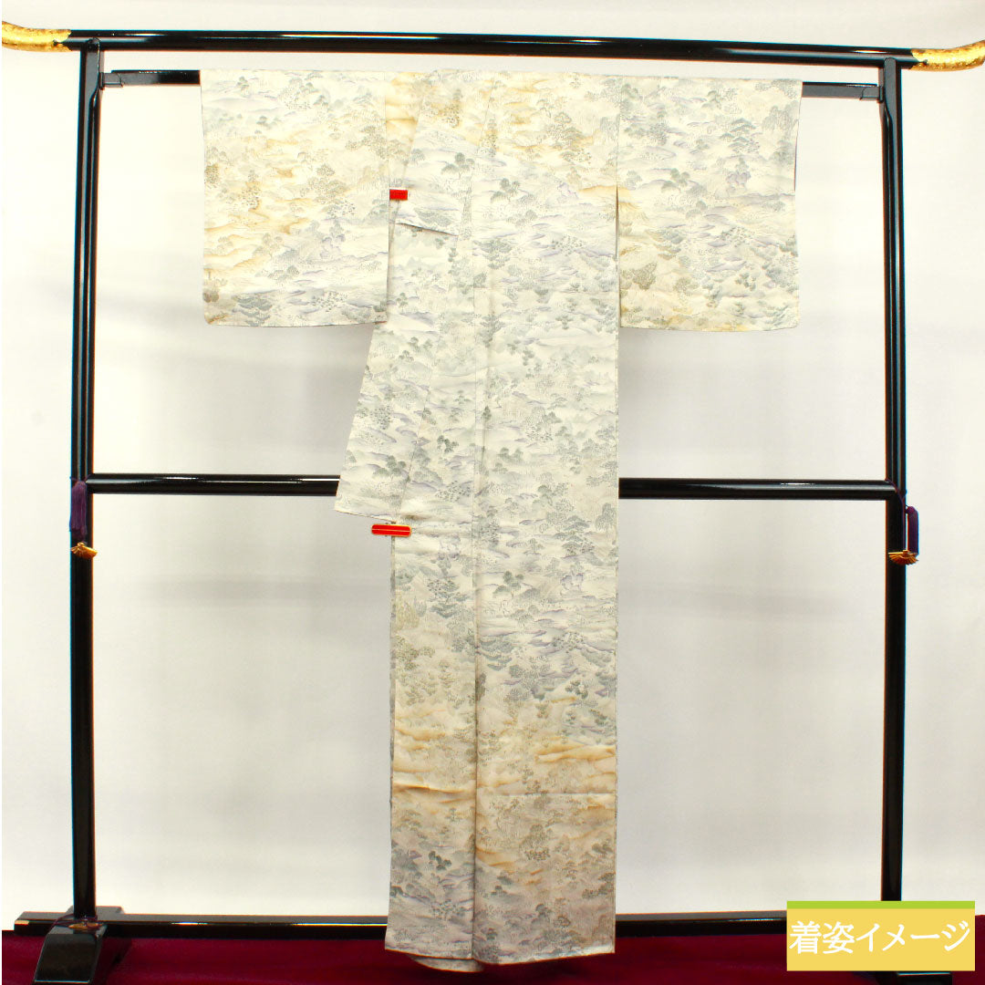 小紋 正絹 身丈159cm 裄丈65.5cm 袷  銀白色 風景模様 しつけ糸付き 未使用品  Sランク グレー系 1115003722322