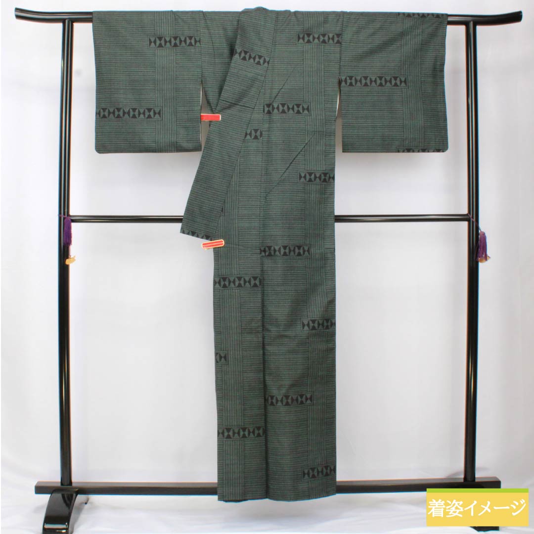 紬 正絹 Bランク 身丈156.5cm 裄丈66cm 島松鼠色（しままつねずいろ） 大島紬 一元絣 7マルキ 袷 緑系 1116004104319