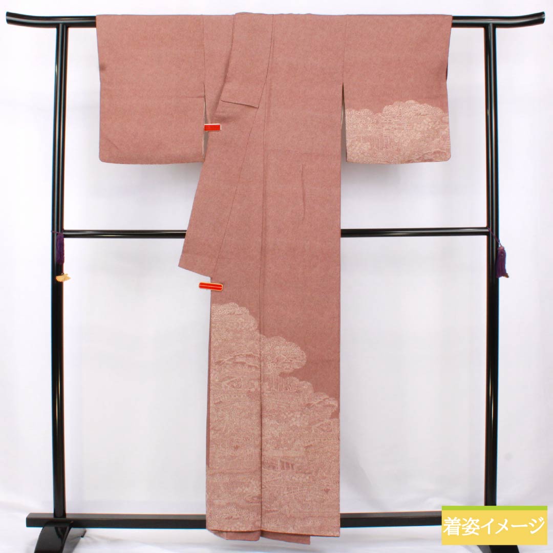 訪問着 正絹 Aランク 袷 身丈157cm 裄丈63cm 赤銅色（しゃくどういろ） 型染 江戸小紋 鮫柄 風景模様 茶系 1112006133314