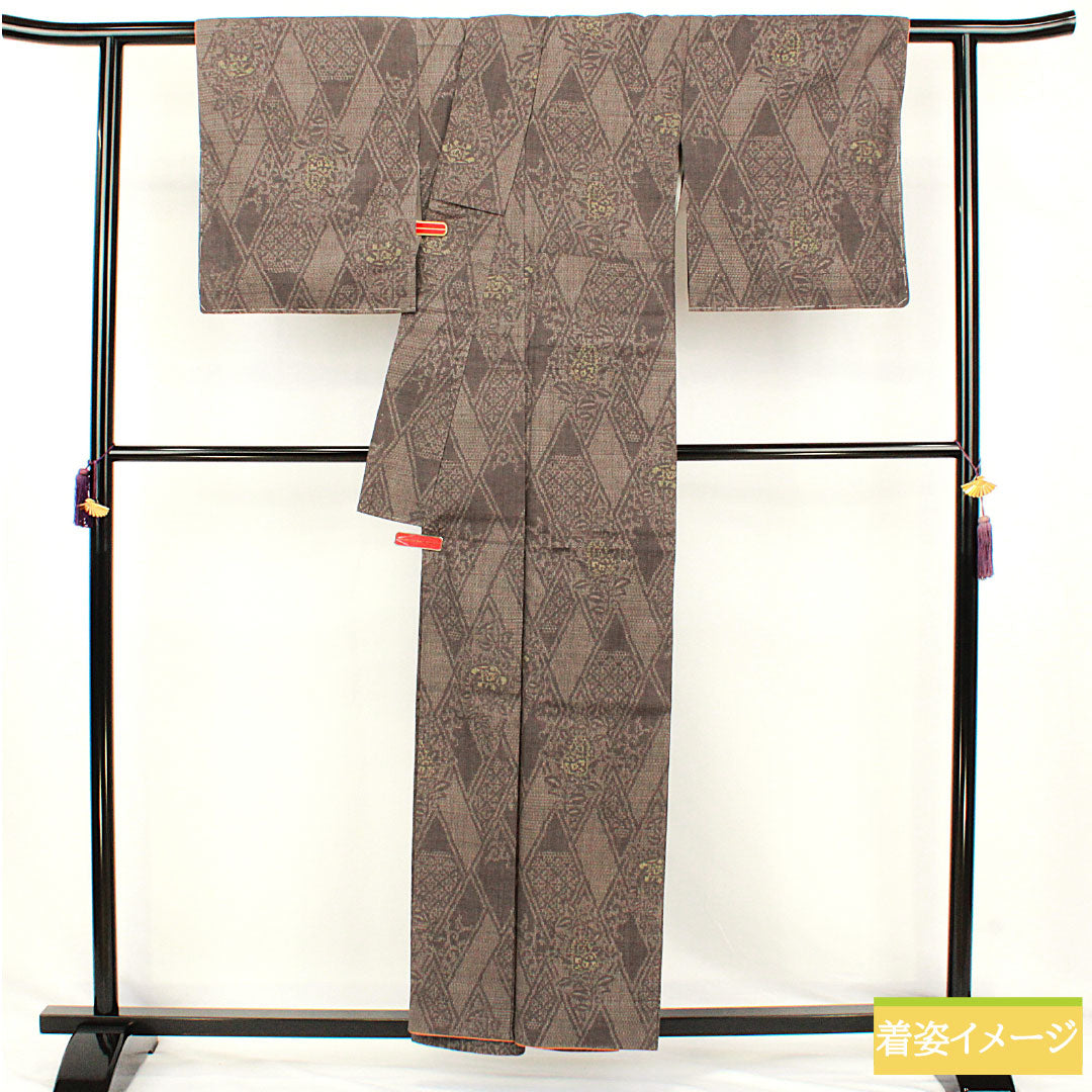 結城紬 正絹 身丈157.5cm 裄丈64.5cm  黝色 抽象模様 しつけ糸付き 未使用品 Sランク 袷 グレー系 1116003322322