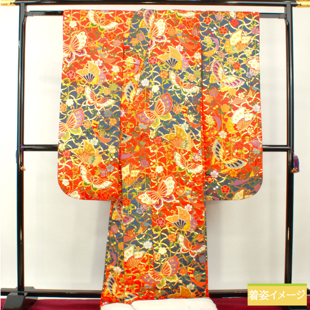 Colored uchikake, pure silk, length 192cm, sleeve length 66cm, scarlet, Karaori, butterfly, floral pattern, S rank, lined, vermilion, 1110000872916