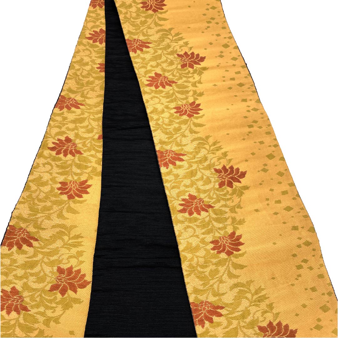 【未仕立】半幅帯 ポリエステル Sランク 雄黄色（ゆうおういろ） 唐草     帯丈436cm 橙系 1125001812426