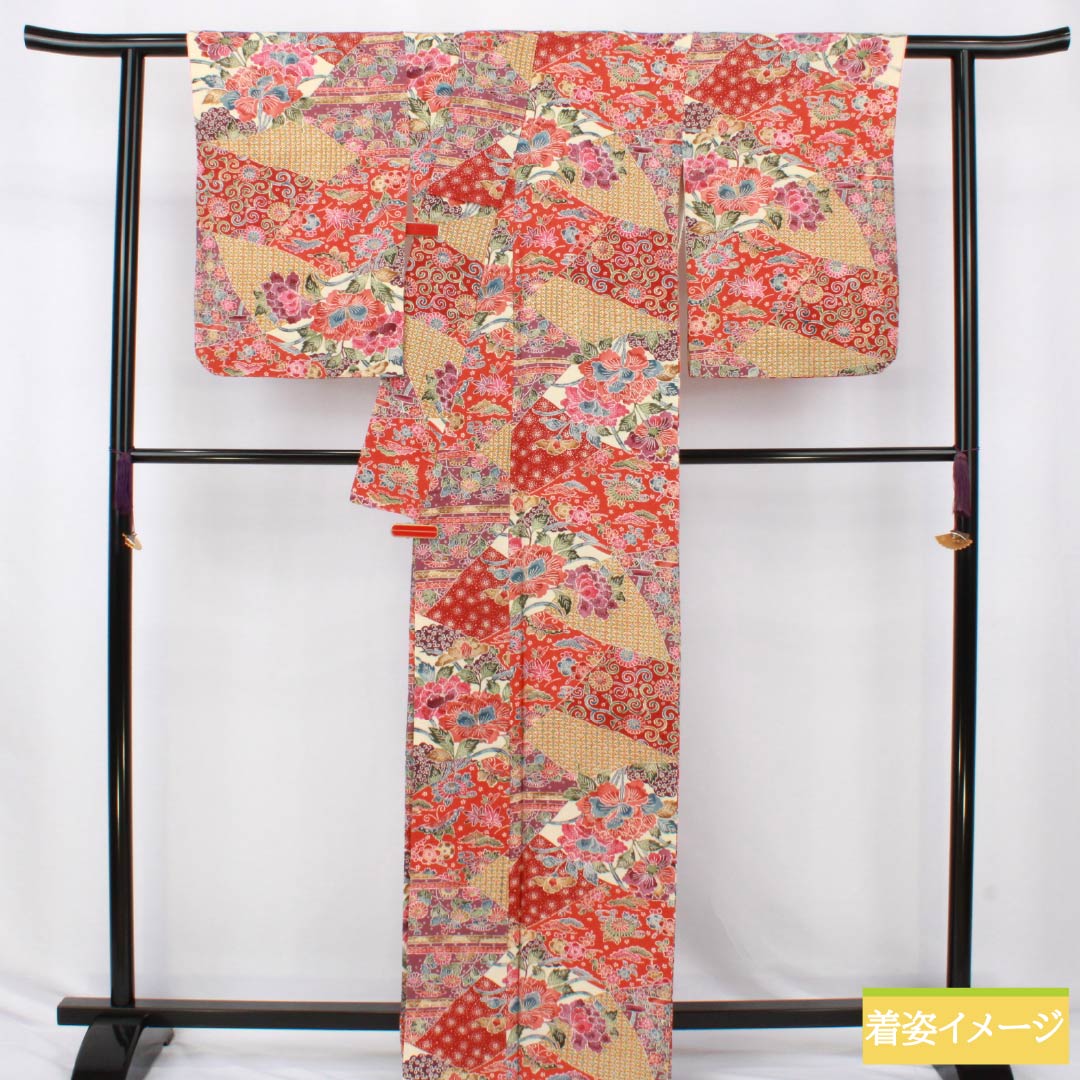 小紋 正絹 Sランク 身丈163cm 裄丈67cm 袷 京紅型 割付文様 紅型調 草花  グラデーション系 1115007342499