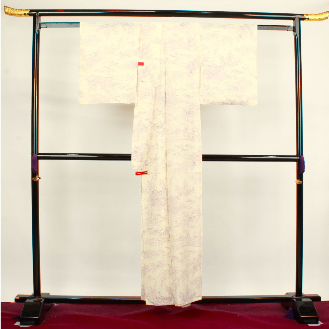 夏物 正絹 小紋 身丈154.5cm 裄丈63.5cm 乳白色（にゅうはくしょく） 松竹梅 菊 流水 絽 Sランク 白系 1132000642211