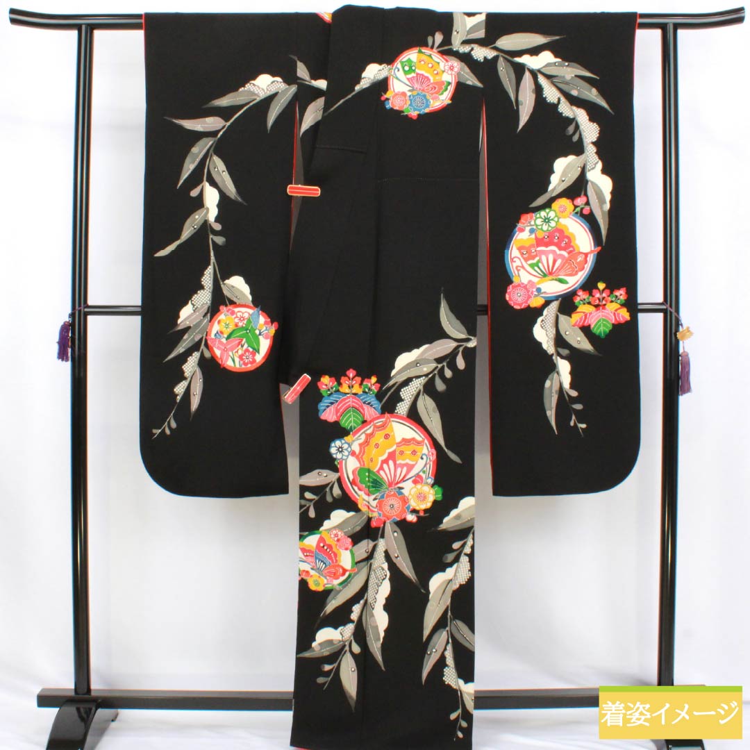 振袖 正絹 Sランク 身丈163.5cm 裄丈66cm 袷 黒色 京紅型 ちりめん地 丸紋 蝶 重ね衿付き 黒系 1113002862410