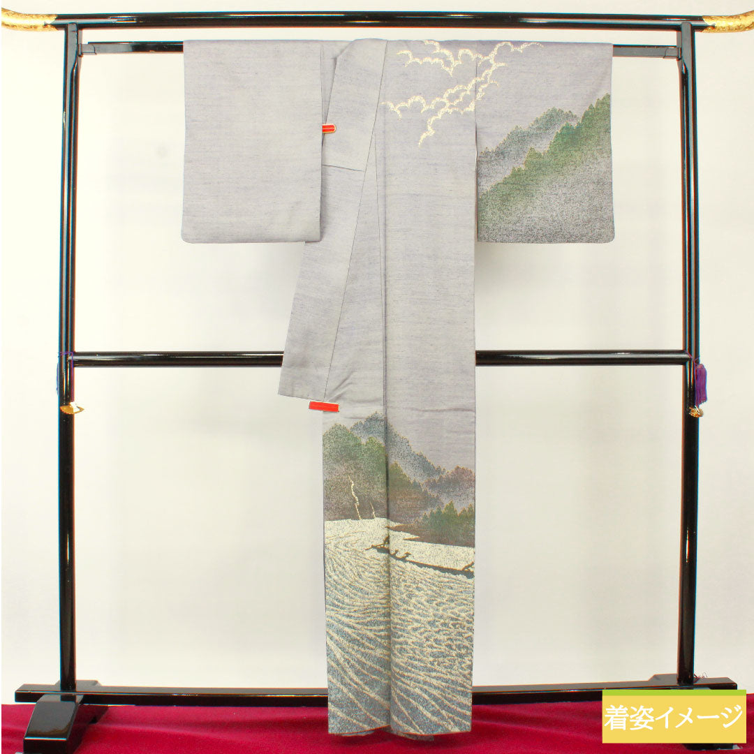 訪問着 正絹 袷 身丈162.5cm 裄丈63cm つるば鼠色（つるばねずいろ） 紬地 風景模様 金通し 作家物 Sランク 紫系 1112004572420