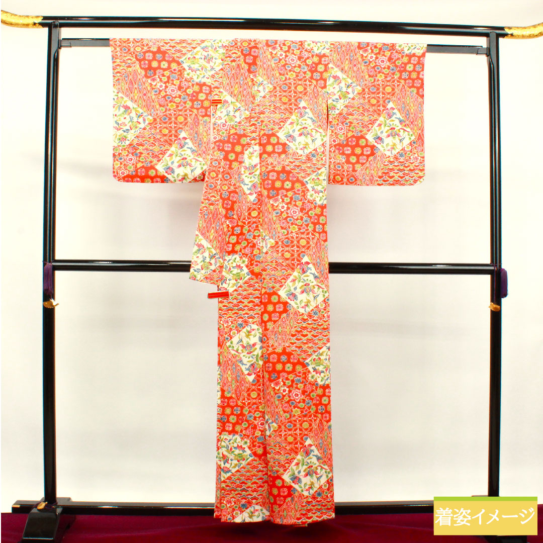 小紋 正絹 身丈157.5cm 裄丈64.5cm 単衣  緋色 型染 吉祥文様  Sランク 朱系 1115003832316