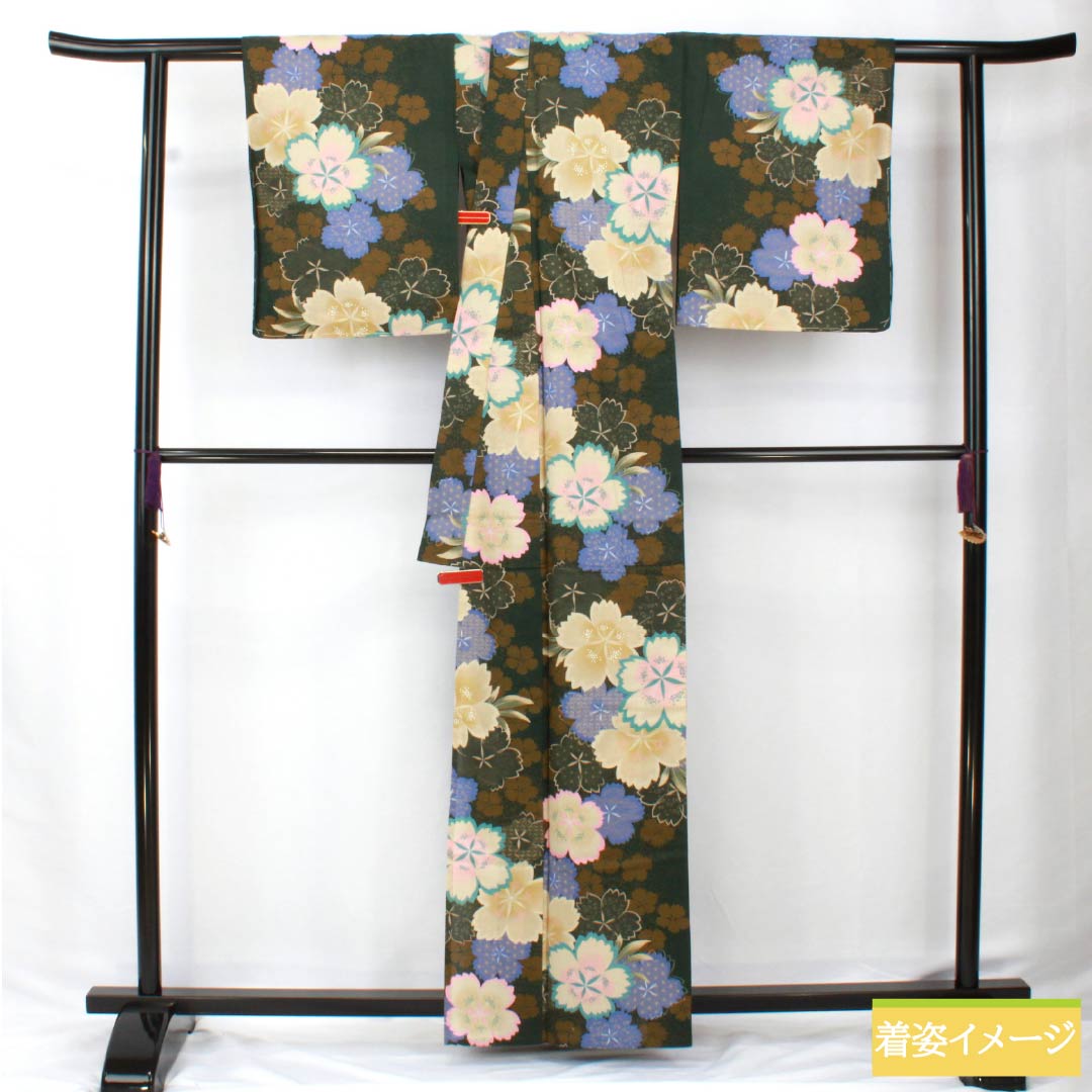 浴衣 木綿 身丈162.5cm 裄丈67cm Sランク 単衣 緑系 暗緑色（あんりょくしょく） 桜 1118006002419