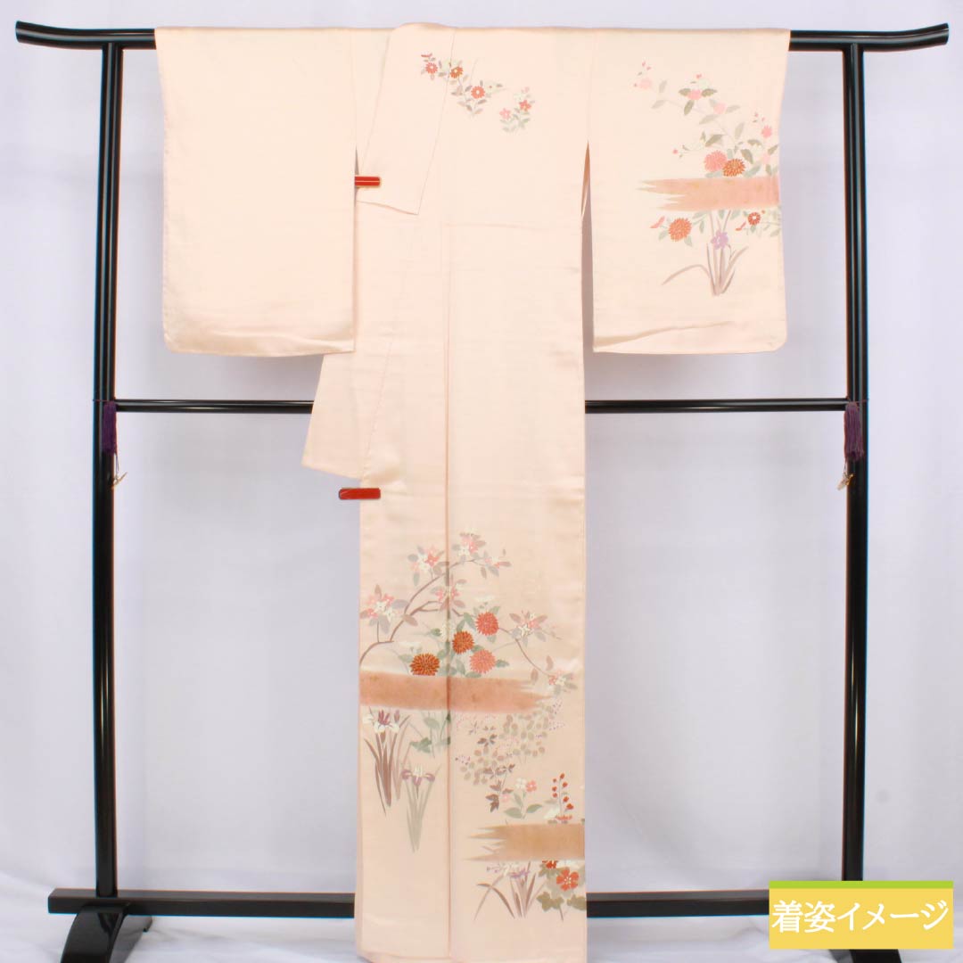 Visiting Kimono, Pure Silk, S Rank, Lined, Length 163.5cm, Sleeve Length 67cm, Light Color (Usunikuiro), Kyoto Yuzen, Plant Pattern, Orange, with Basting Thread, Product Number: 1112006672426