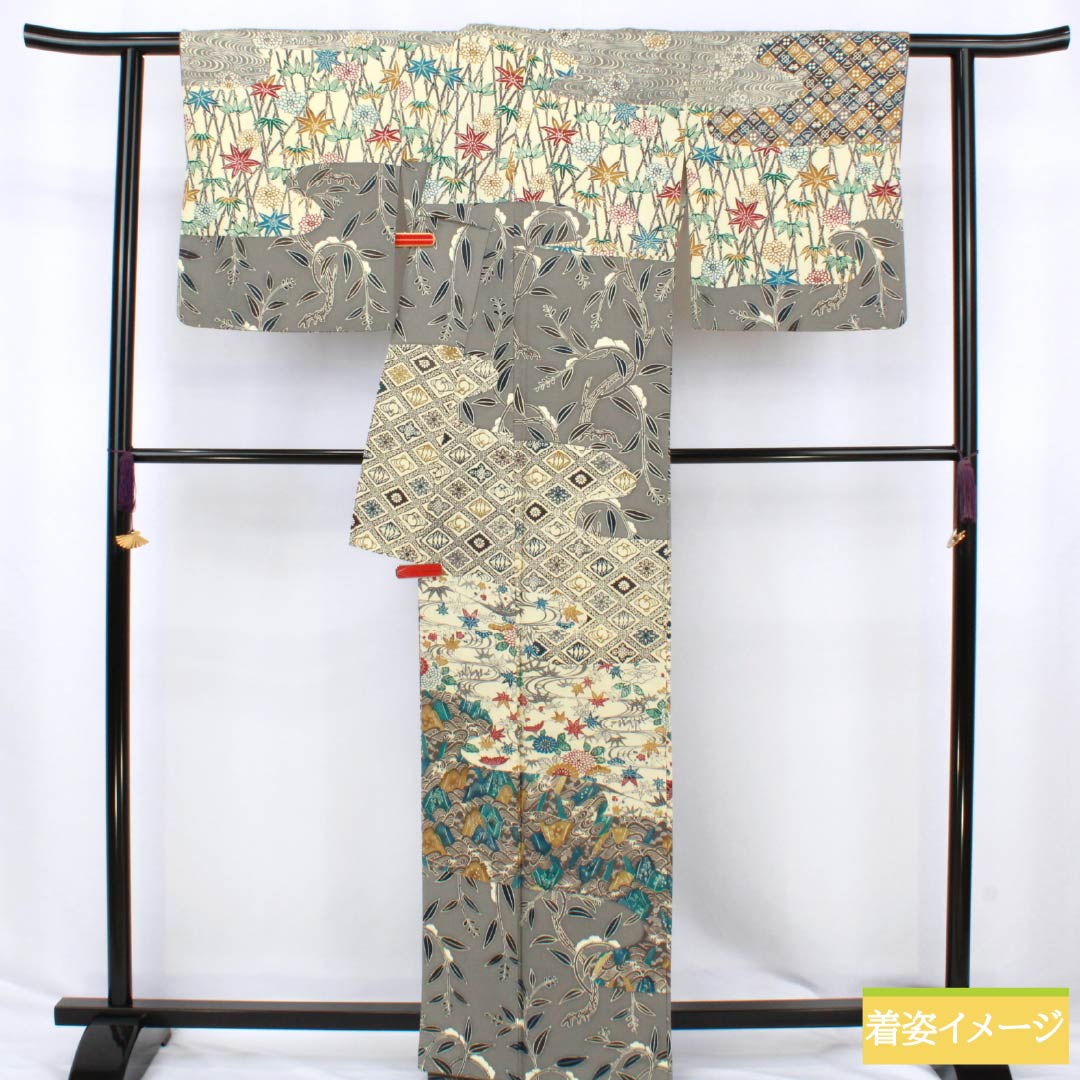 訪問着 正絹 Sランク 袷 身丈165.5cm 裄丈67.5cm 京紅型 紅型調 吉祥文様 グレー系 1112006742522