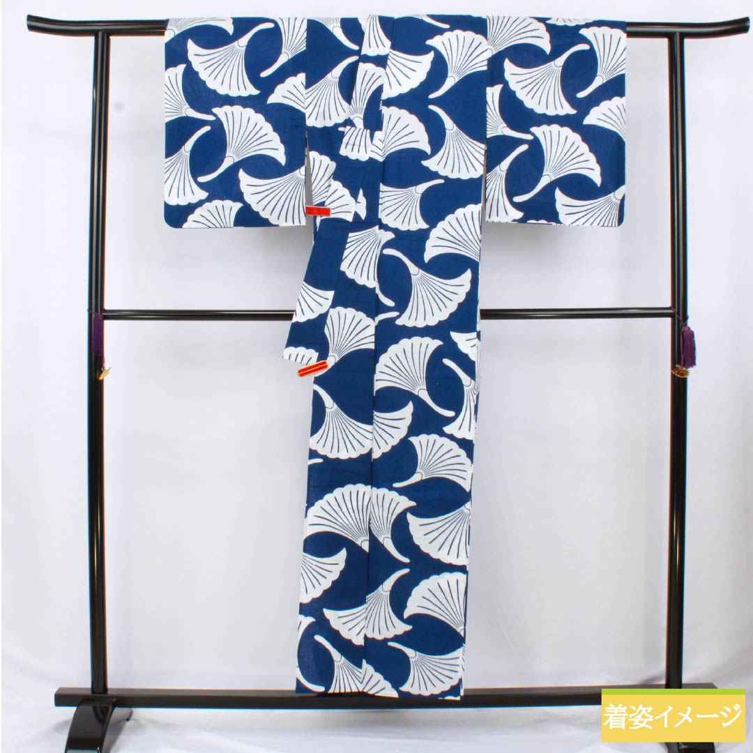 Cotton Yukata, Length 155.5cm, Sleeve Length 61.5cm, S Rank, Single Layer, Navy Blue, Ginkgo Pattern, 1118006582318