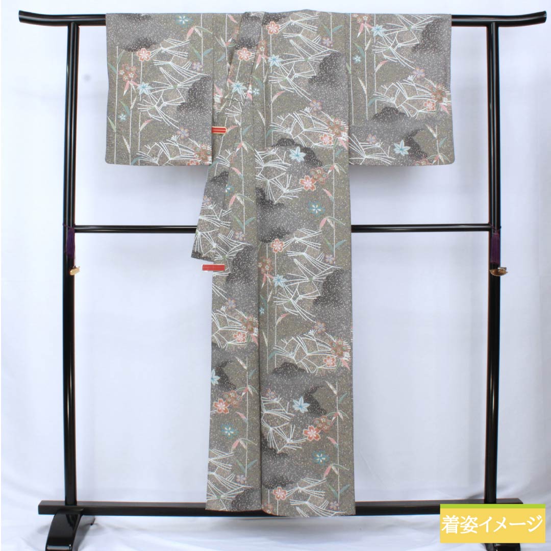 Komon (small pattern) kimono, polyester, length 156cm, sleeve length 66cm, single-layer, lead-colored (namari-iro) kimono, classic pattern, washable, S rank, gray, product number 1115005912322