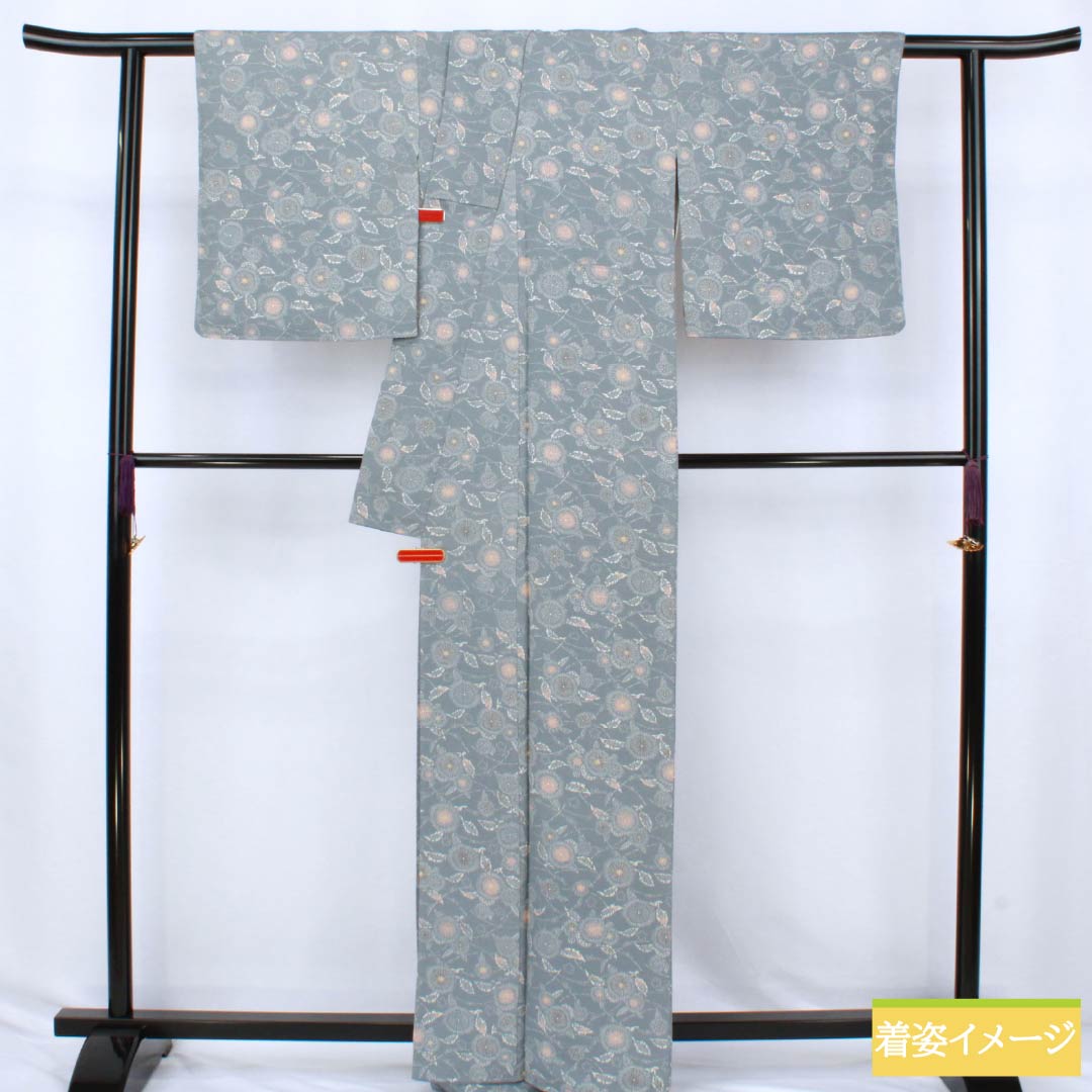 小紋 正絹 Sランク 身丈165cm 裄丈66cm 袷 湊鼠色（みなとねずいろ） 型染 ちりめん地 草木模様  青系 1115007382517