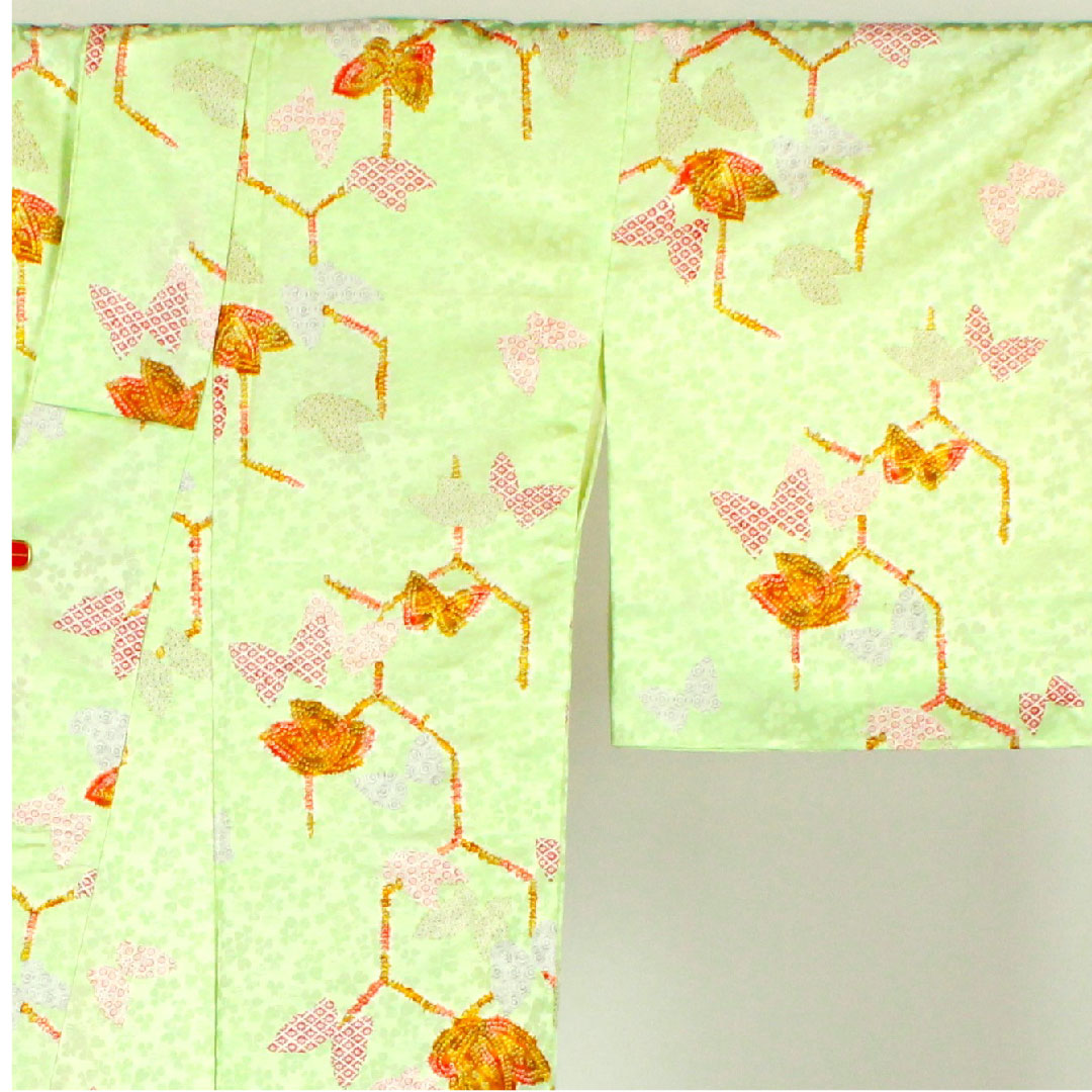 Small pattern, Length 161cm, Sleeve length 66cm, Awase, Butterfly and tortoiseshell pattern, Washable kimono, Polyester, B rank, Green, 1115001014319