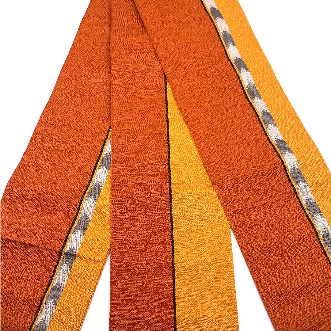 【Unhemmed】Half-width obi, polyester, S rank, vermilion, orange, arrow-feather pattern, geometric pattern, obi length 394cm, orange-based 1125001252326