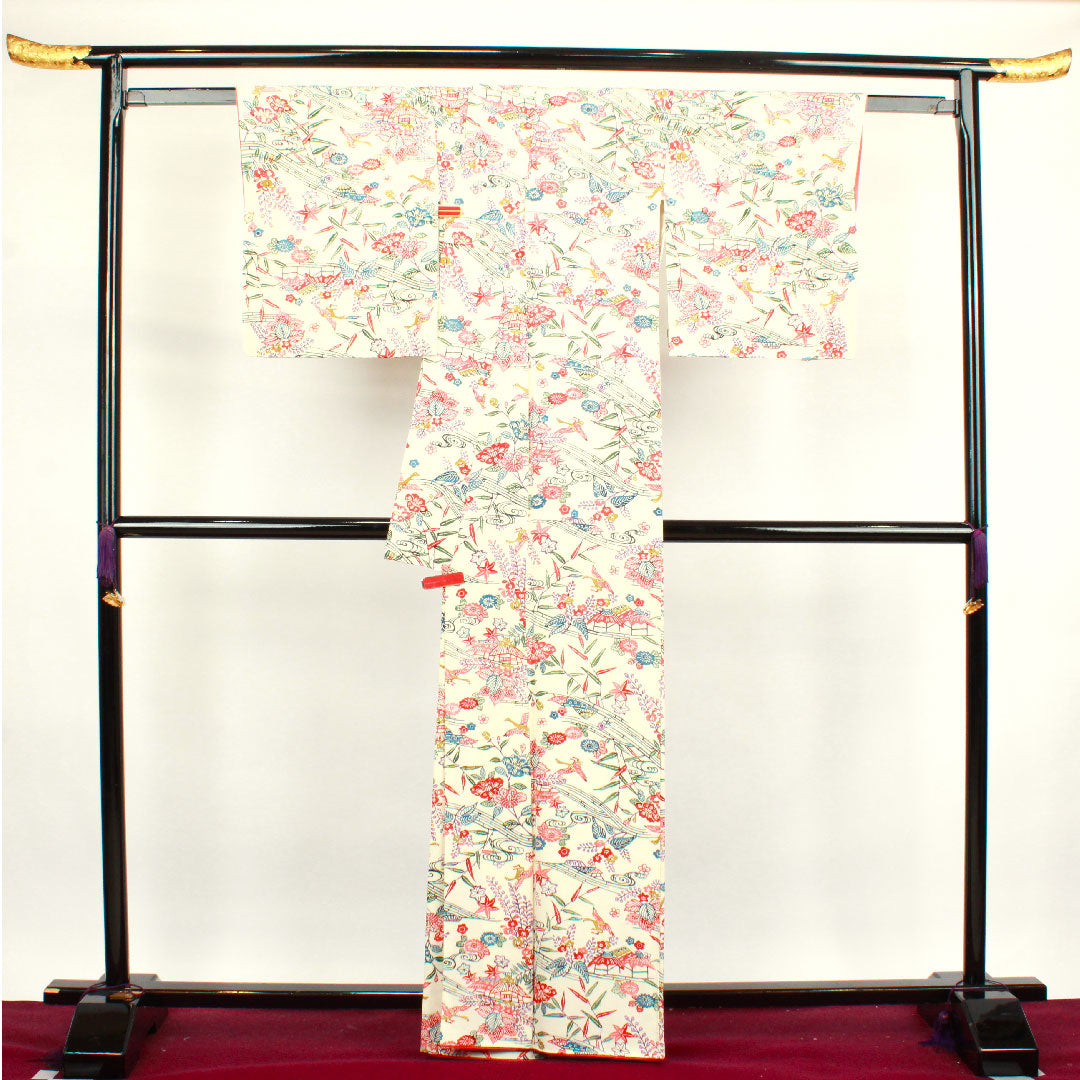 小紋 身丈163.5cm 裄丈65cm 袷  乳白色 京紅型 茶屋辻  正絹 Sランク 白系 1115003342411