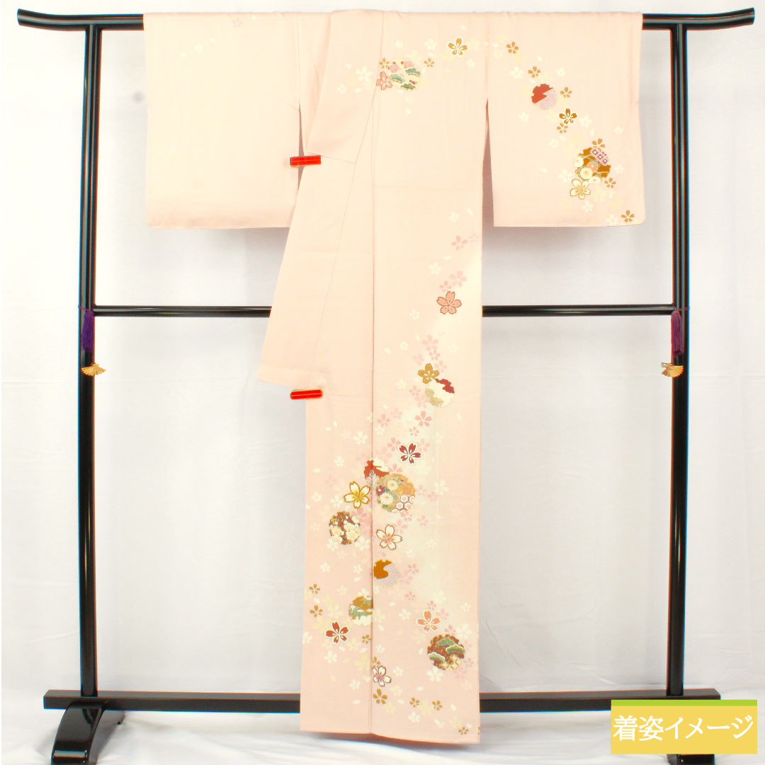 訪問着 正絹 袷 身丈162.5cm 裄丈67.5cm 今様色（いまよういろ） 京友禅 雪輪 桜 Aランク ピンク系 1112005013413