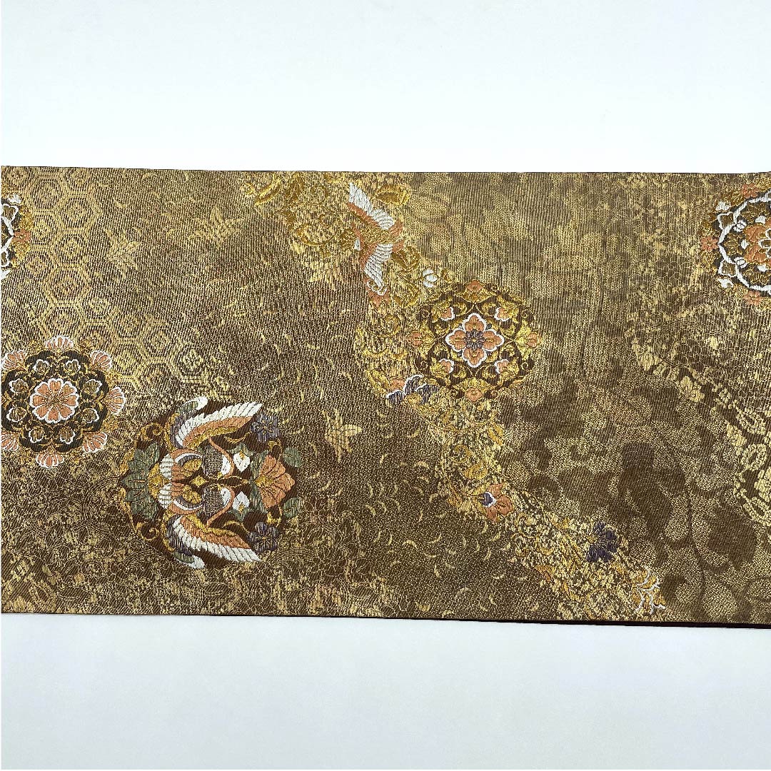 Fukuro Obi Gold Hosohana Flower Arabesque Phoenix Obi Length 428cm Pure Silk A Rank Six-pass Formal Beige 1123007593325