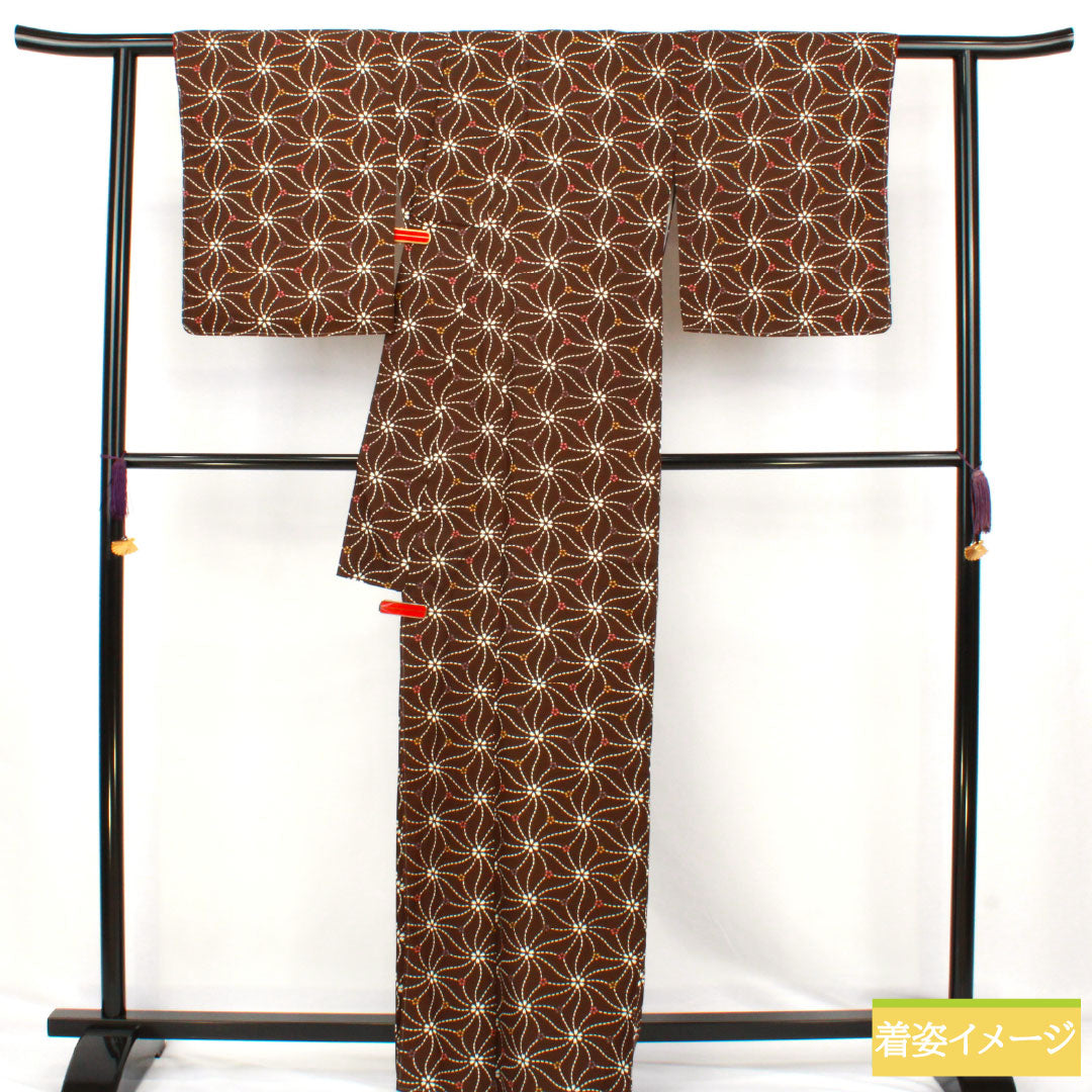 Komon (small pattern) polyester kimono, S rank, length 165cm, sleeve length 64.5cm, lined, earth-black (tsuchiguroiro) color, washable, cherry blossom petal pattern, basting thread included, unused, brown, 1115007642514