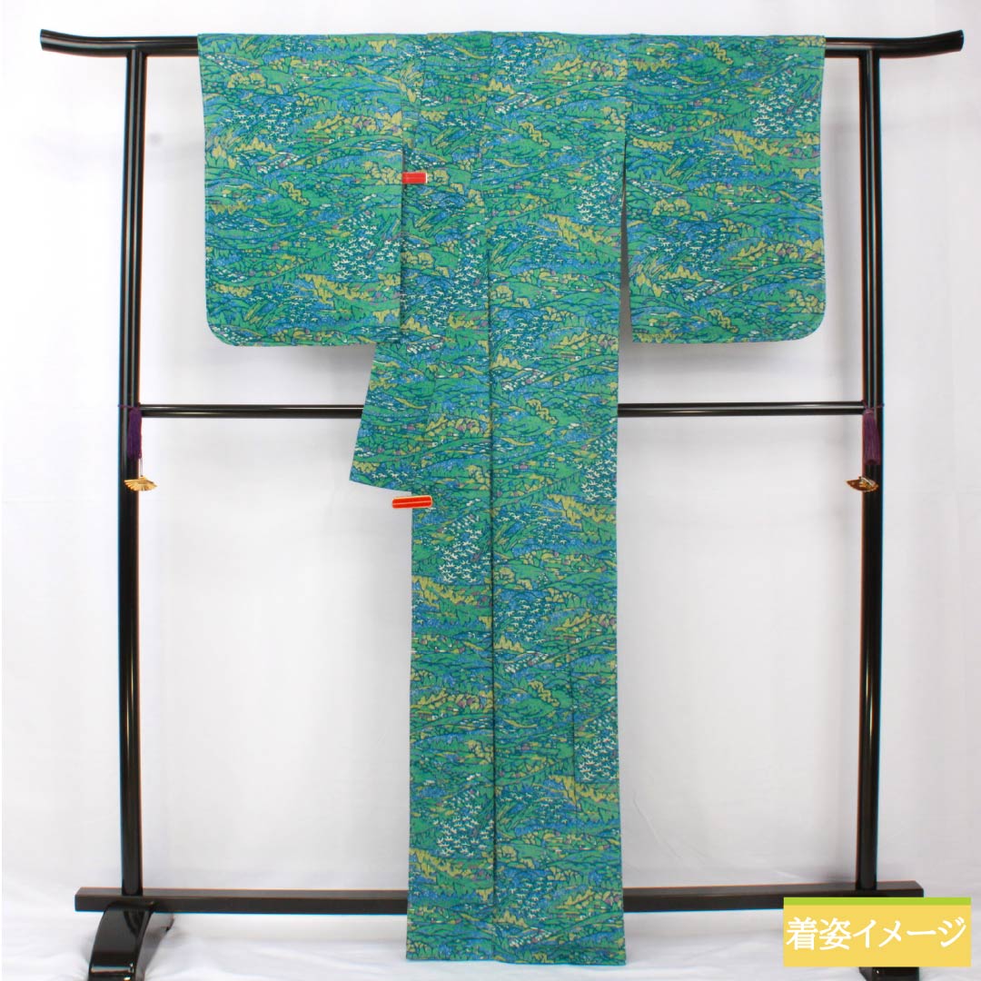 小紋 正絹 身丈164.5cm 裄丈68cm 袷 露草色（つゆくさいろ） 型染 風景絵画調 しあわせガード Sランク 青系 1115005422417