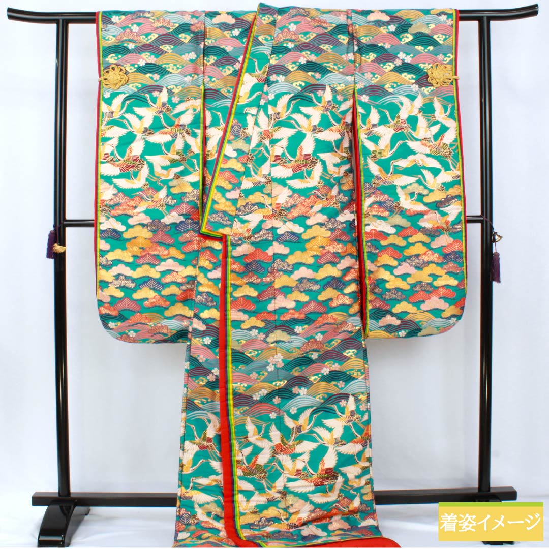 色打掛 正絹 Sランク 身丈194cm 裄丈64.5cm 浅葱色（あさぎいろ） 松 波 鶴 袷 青系 1110001082917