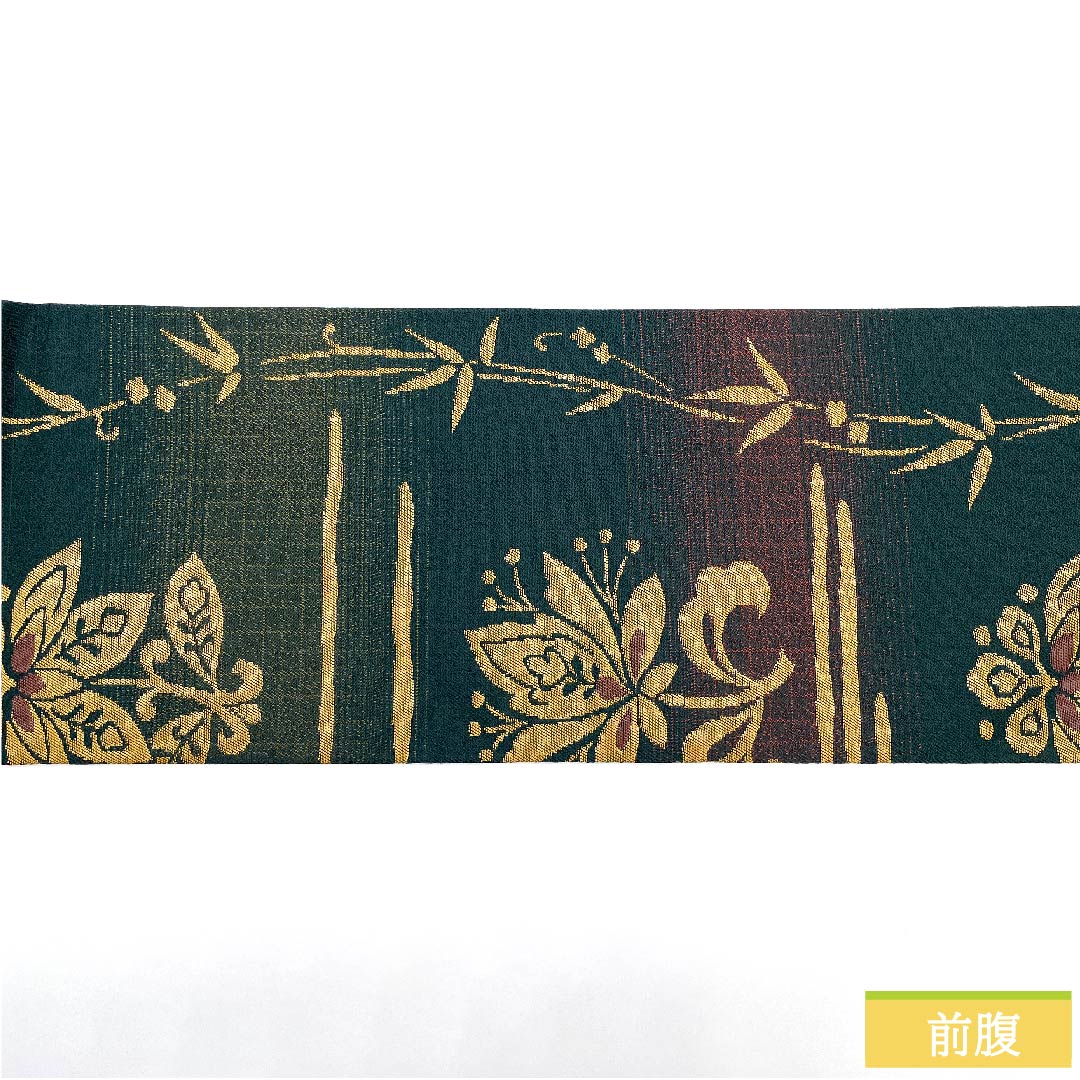 名古屋帯 深緑色 唐花 横段 帯丈365.5cm 正絹 Sランク 六通 カジュアル 緑系 1124005922319  名古屋仕立て