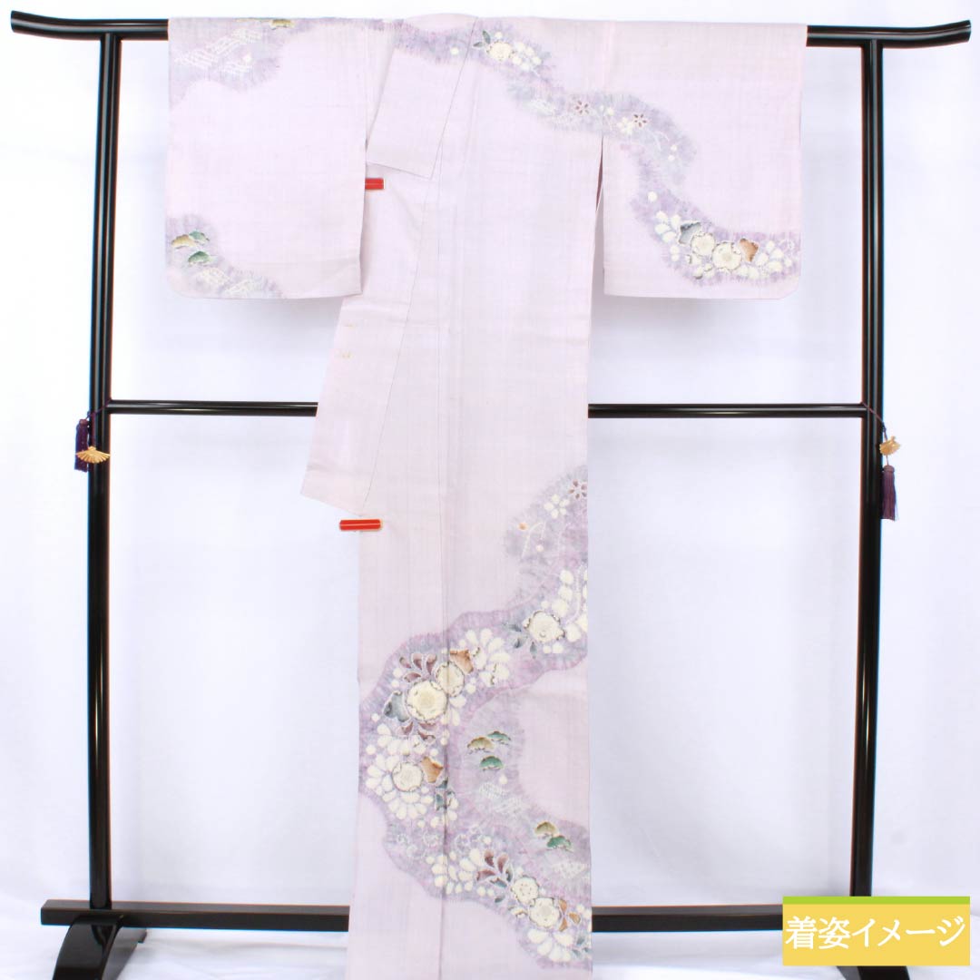 訪問着 正絹 Bランク 単衣 身丈165.5cm 裄丈64.5cm 白藤色（しらふじいろ） 紬地 絞り 作家物 辻ヶ花 紫系 1112007554520