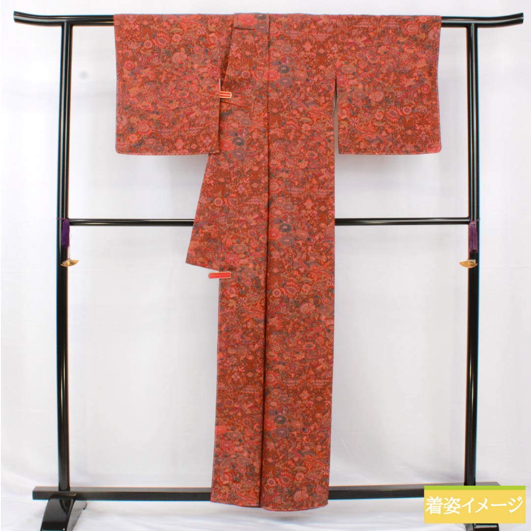 Komon, pure silk, length 159.5cm, sleeve length 64cm, lined, scarlet brown, stencil dyeing, chintz pattern, with basting thread, S rank, brown, 1115005012314