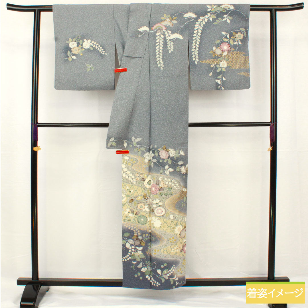 訪問着 正絹 袷 身丈155cm 裄丈63.5cm 青袋鼠色（せいたいねずいろ） 辻ヶ花 タタキ染 一つ紋 花紋 Sランク グレー系 1112005142322