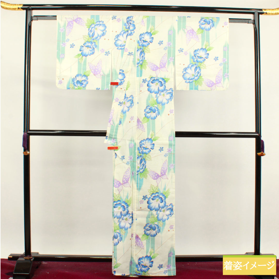 浴衣 木綿 身丈165cm 裄丈66cm Sランク 単衣 白系 蝶 牡丹 撫子 1118004692511