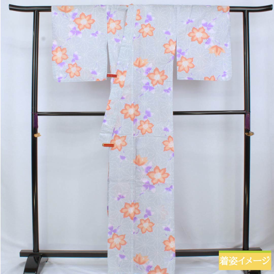 Cotton Yukata, Length 164.5cm, Sleeve Length 67.5cm, S Rank, Single Layer, Grayish, Hakudo-iro (White Copper Color), Hemp Leaf Flower Design, 1118006522422